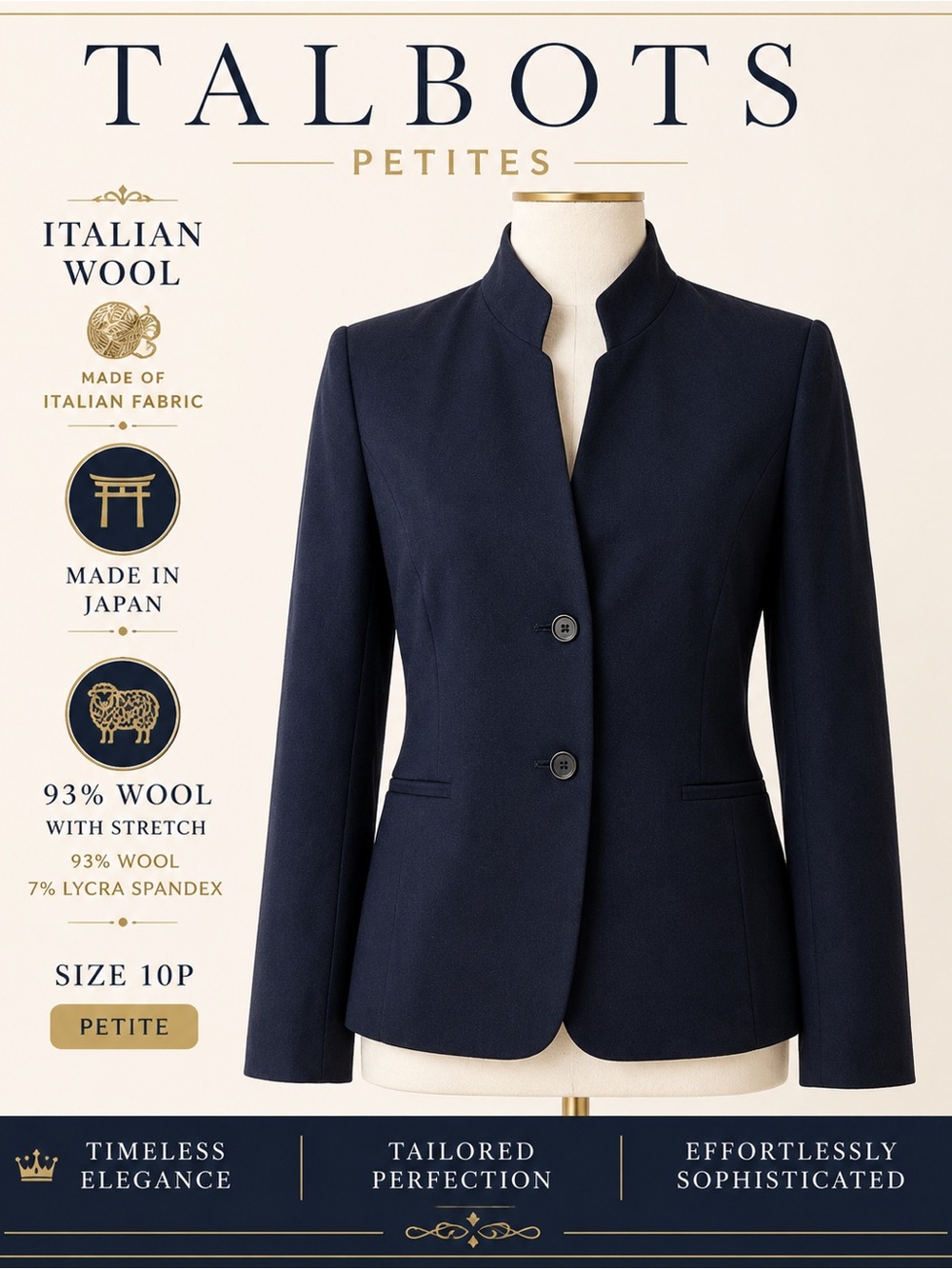VTG Talbots Petites Italian Wool Made in Japan Navy Stand Collar Blazer 10P
